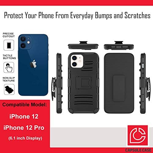 מארז Ohiya תואם לאייפון 12 [הגנה על כיתה צבאית חסרת זעזועים כבד עמדות קיקסטנד נרתיק מגן על כיסוי מארז שחור] לתצוגה של iPhone 12 6.1 אינץ